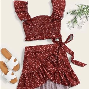 Speckled smocked crop top & mini wrap skirt